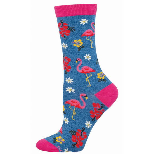 Colorful sock with flamingo and floral design on a blue background