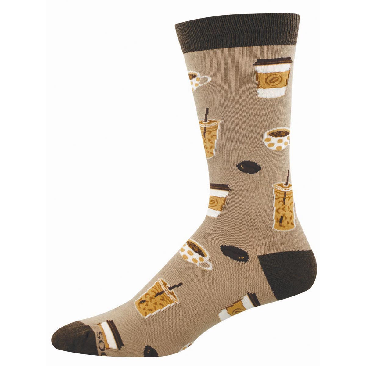 Sock with coffee-themed pattern on a beige background