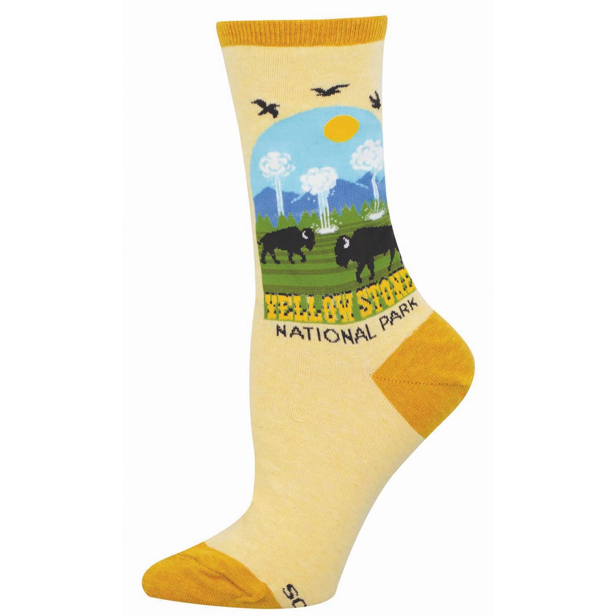Sock with Yellowstone National Park design featuring bison and landscape on a beige background