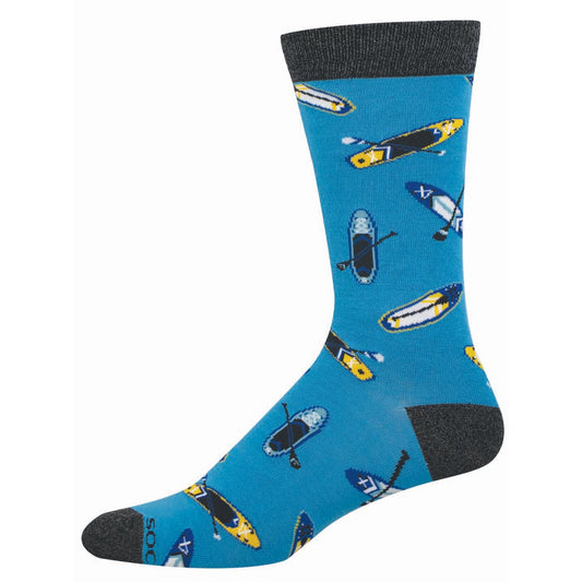 Blue sock with stand up paddleboard pattern