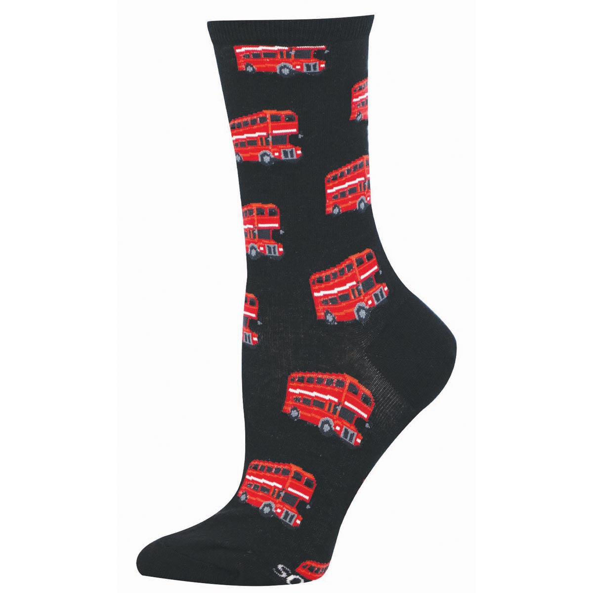 Black sock with red double-decker bus pattern