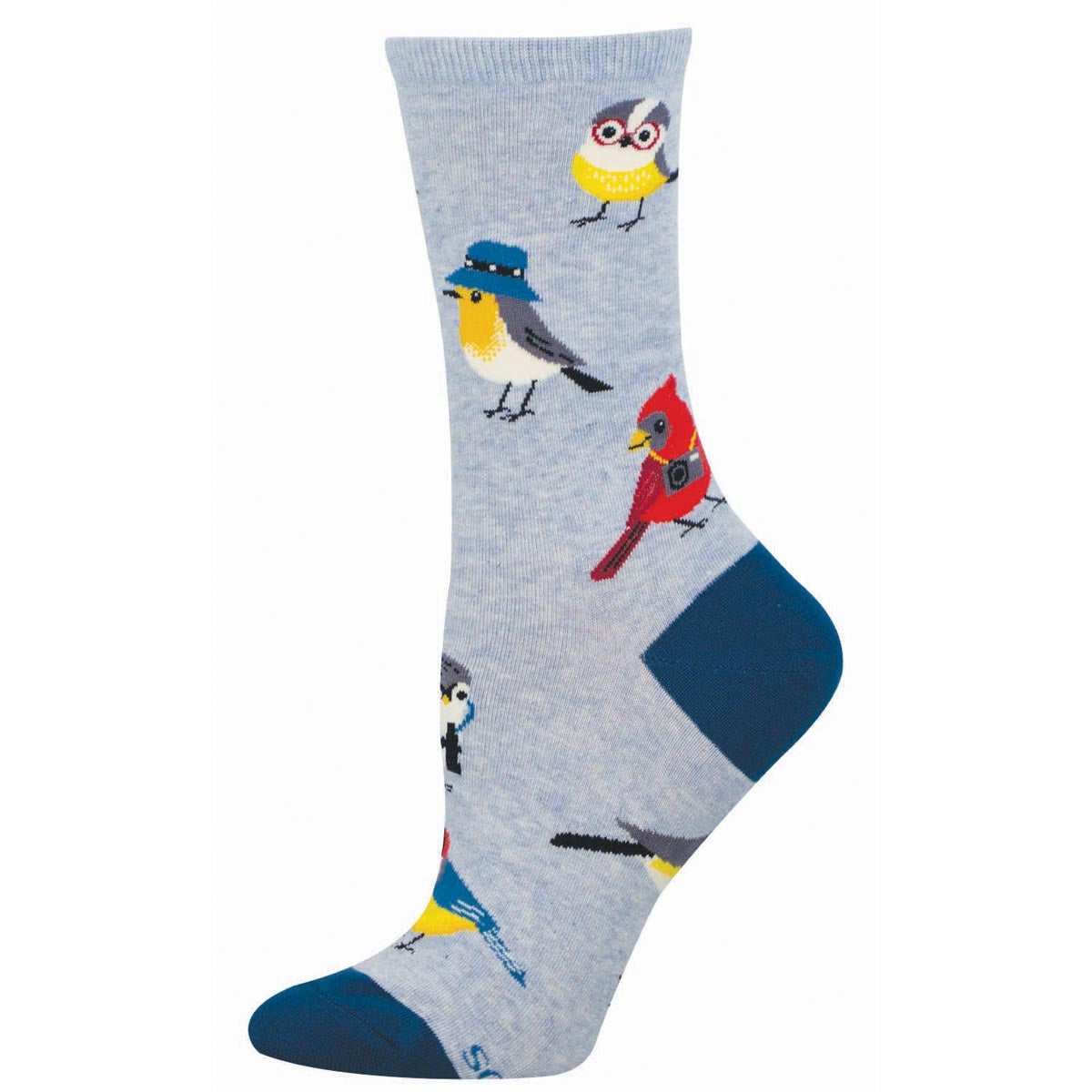 Gray sock with colorful illustrations of birds wearing bird watching accessories