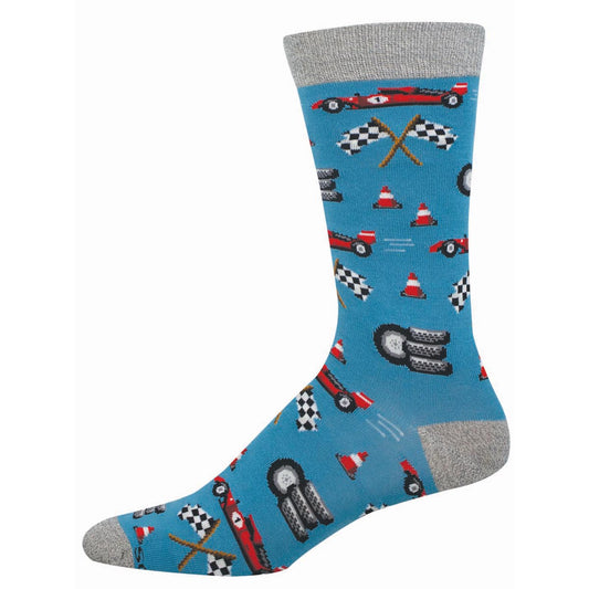 Sock with race car and flag pattern on a blue background