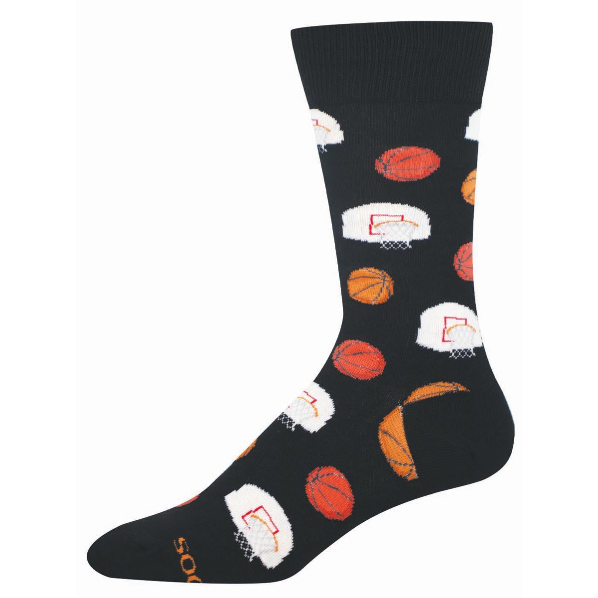 Black sock with basketball and hoop pattern