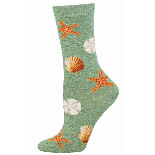 Green sock with starfish and shell patterns