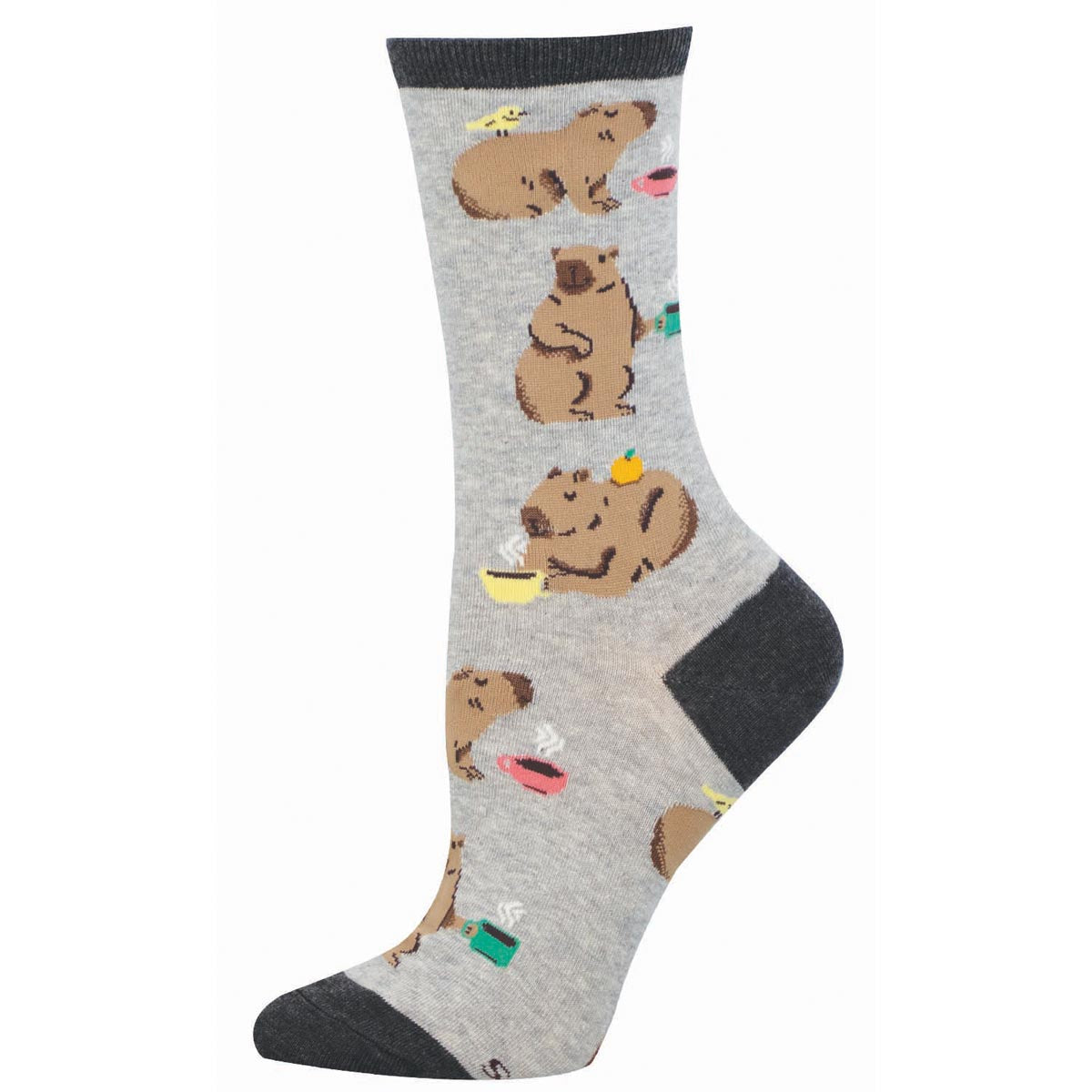 Gray sock with capybaras drinking coffee pattern