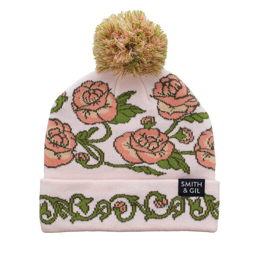 Unisex Pom Pom Beanie with Ribbed Cuff - Roses Pattern - Light Pink and Green - Socksmith