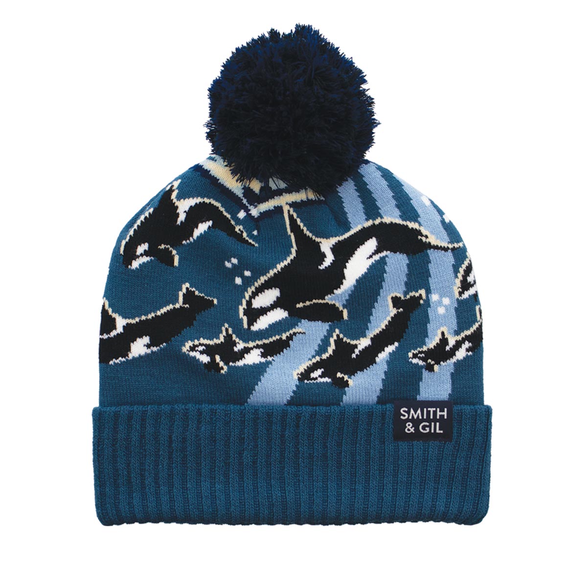 Unisex Pom Pom Beanie with Ribbed Cuff - Orca Design - Blue - Socksmith