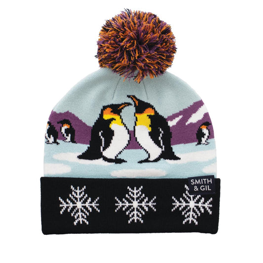 Unisex Pom Pom Beanie with Ribbed Cuff - Penguins On Ice Design - Sky Blue and Purple with Navy Cuff - Socksmith