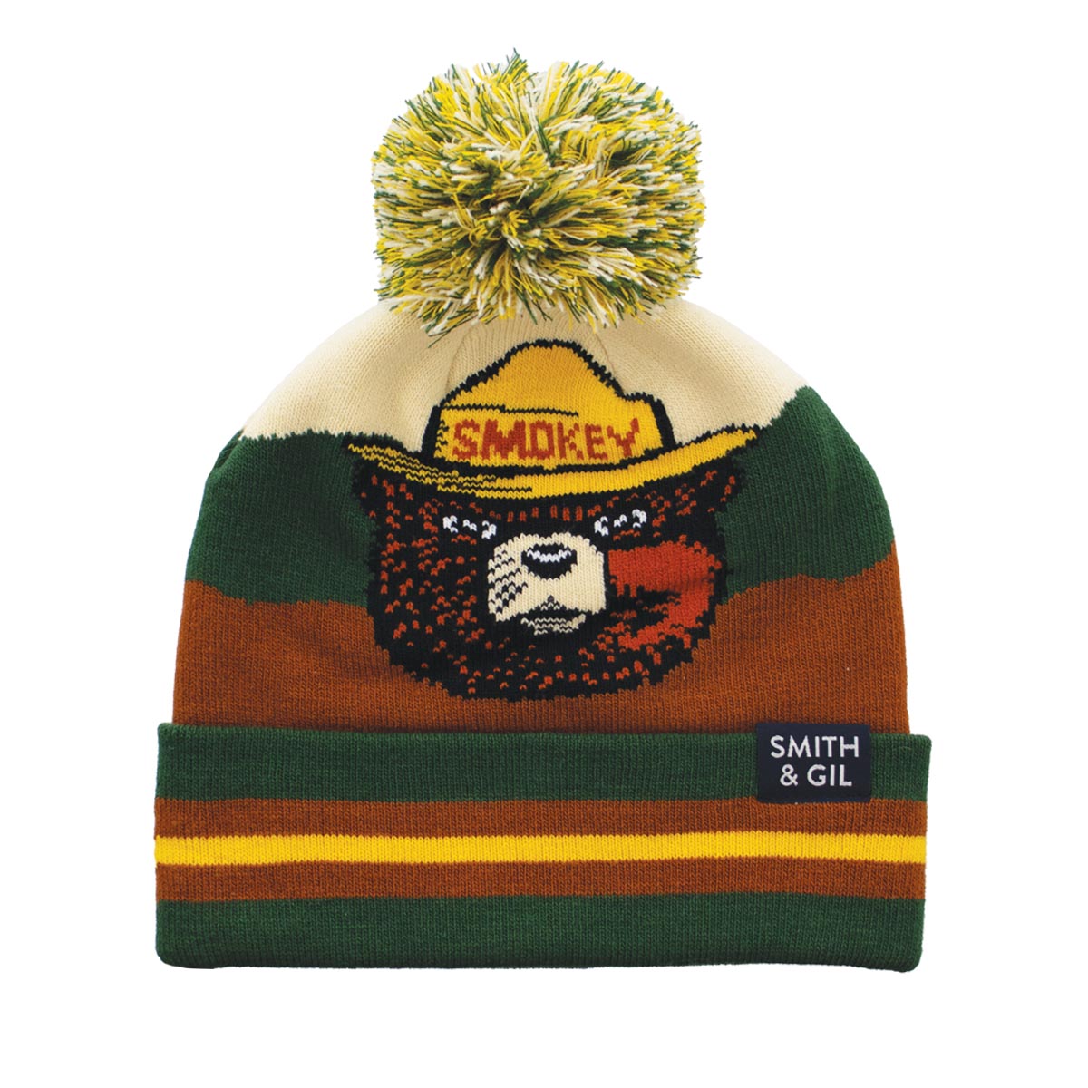 Unisex Pom Pom Beanie with Ribbed Cuff - Smokey Bear Motif - Green and Brown - Socksmith