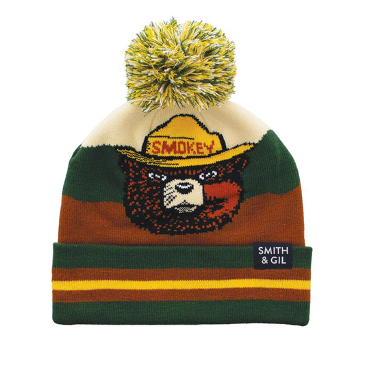 Unisex Pom Pom Beanie with Ribbed Cuff - Smokey Bear Motif - Green and Brown - Socksmith
