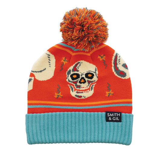 Unisex Pom Pom Beanie with Ribbed Cuff - Skull Pattern - Teal and Orange - Socksmith