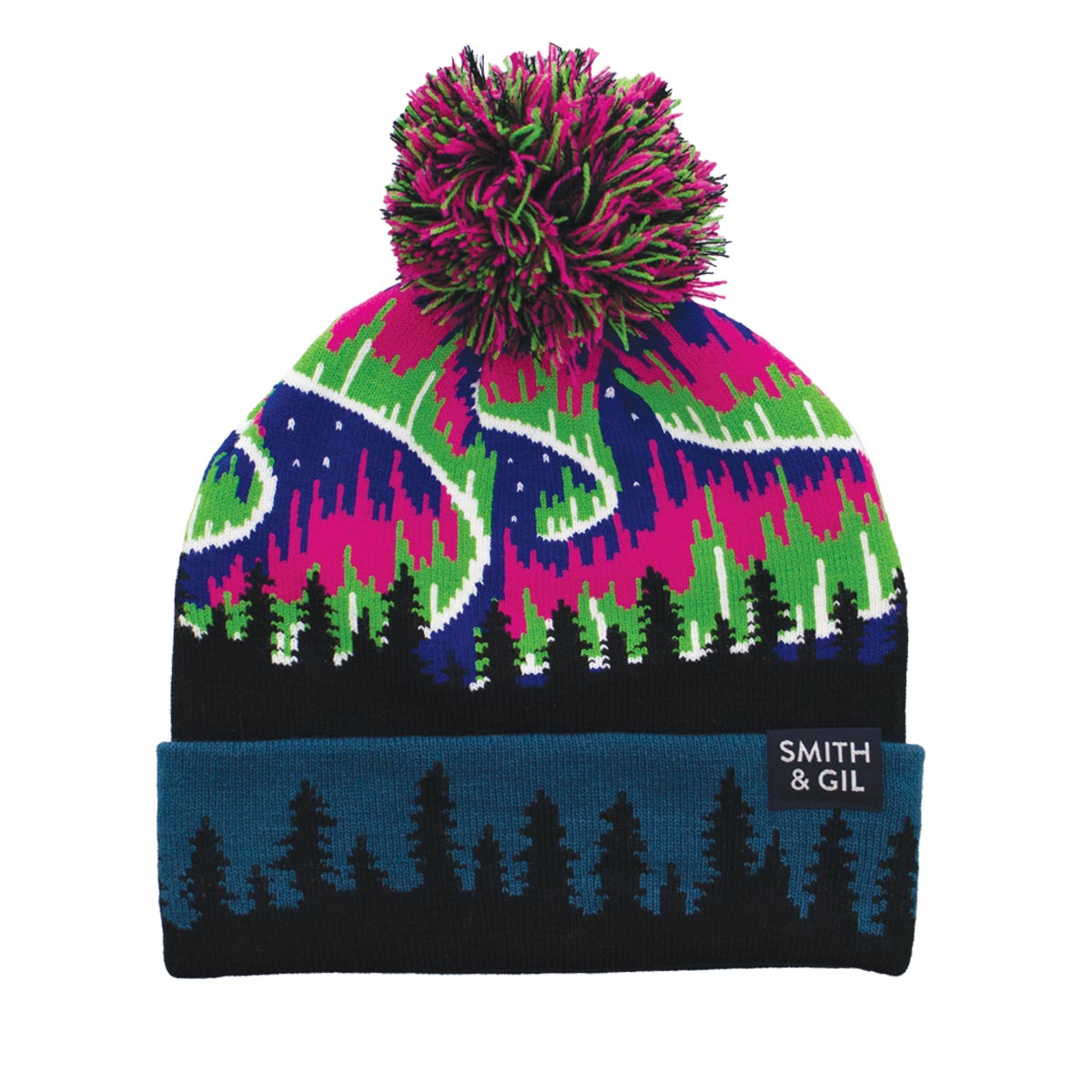 Unisex Pom Pom Beanie with Ribbed Cuff - Northern Lights Pattern - Blue, Pink, Green and Black - Socksmith