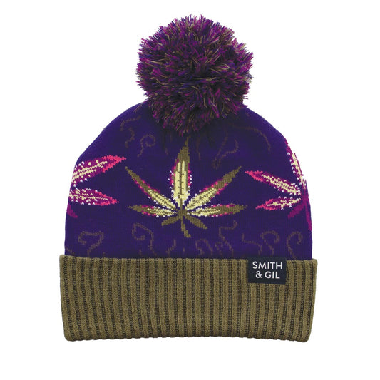 Unisex Pom Pom Beanie with Ribbed Cuff - Marijuana Design - Olive Green and Purple - Socksmith