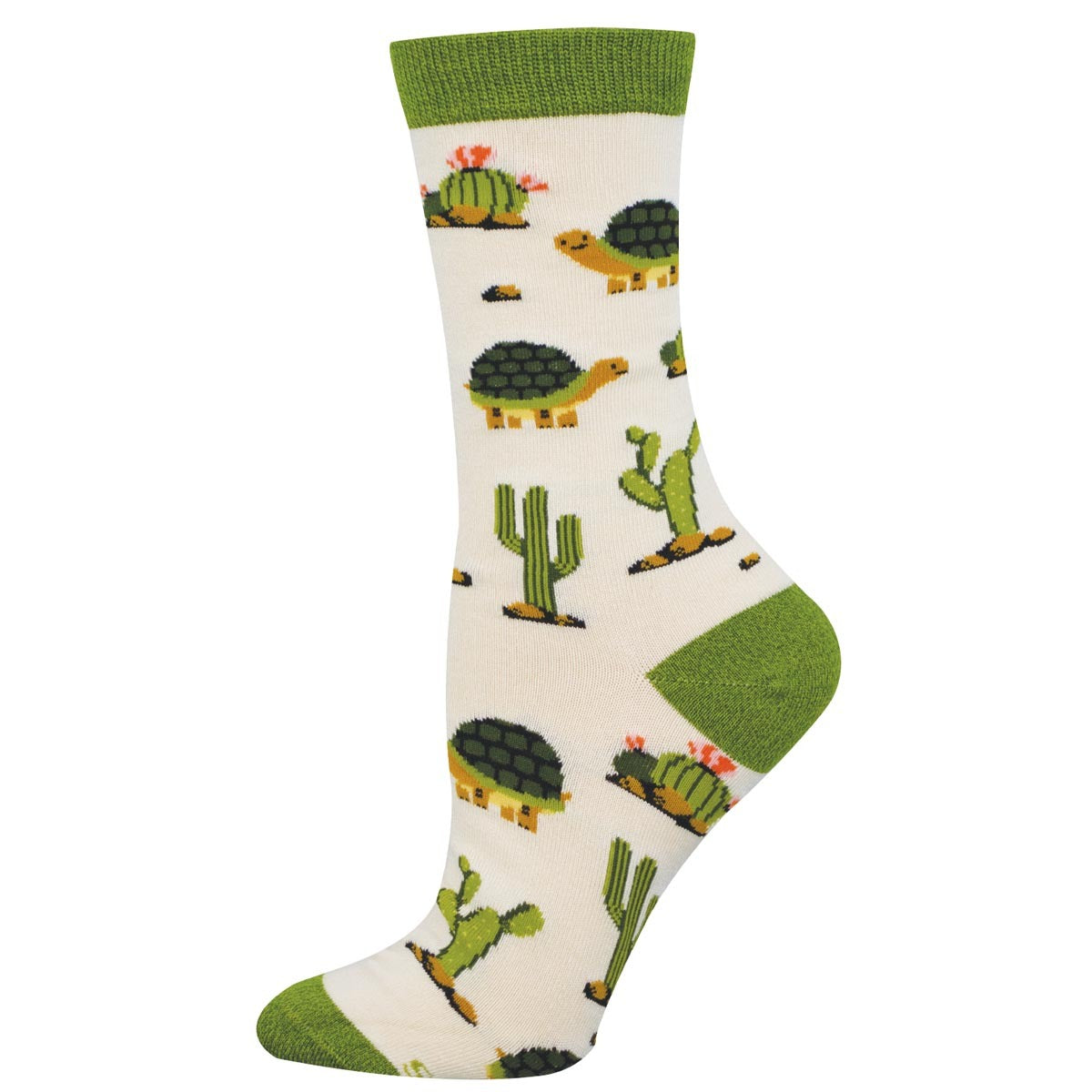 Sock with turtle and cactus pattern on a ivory background