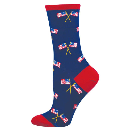 Blue sock with American flag pattern and red accents on a white background