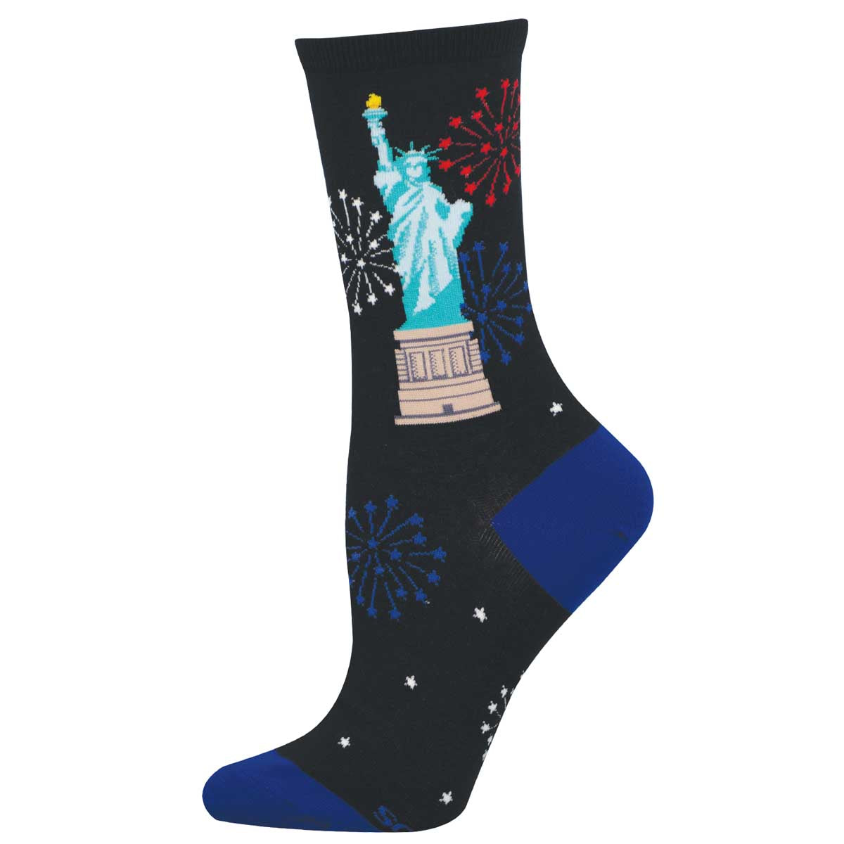 Sock with Statue of Liberty and fireworks design on a black background