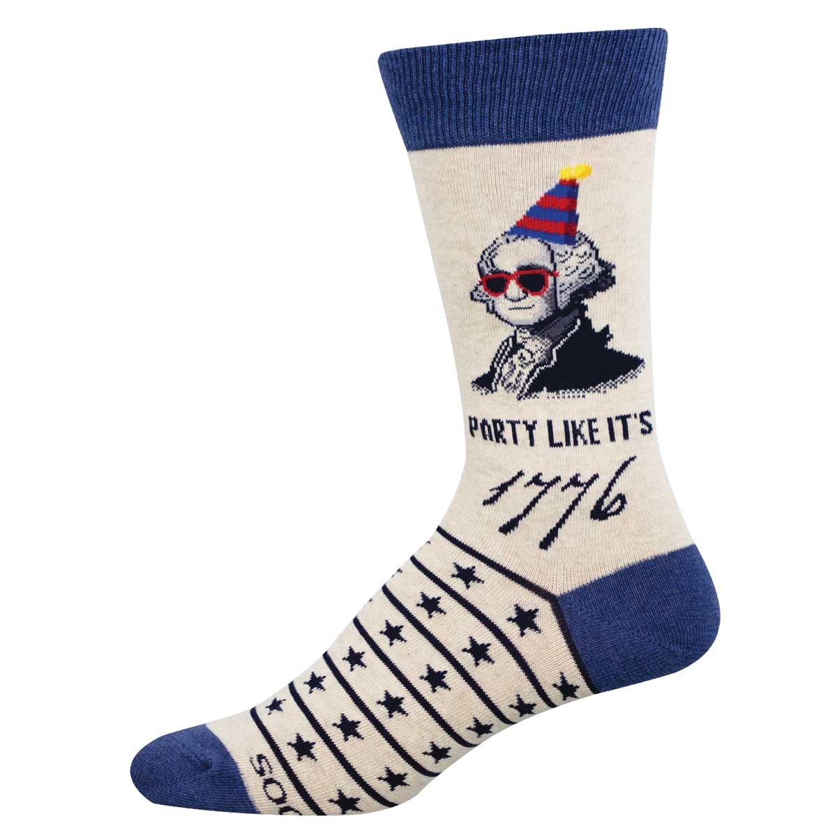 Sock with a graphic of George Washington wearing a party hat and sunglasses, text 'Party Like It's 1776', and star pattern on a white background.