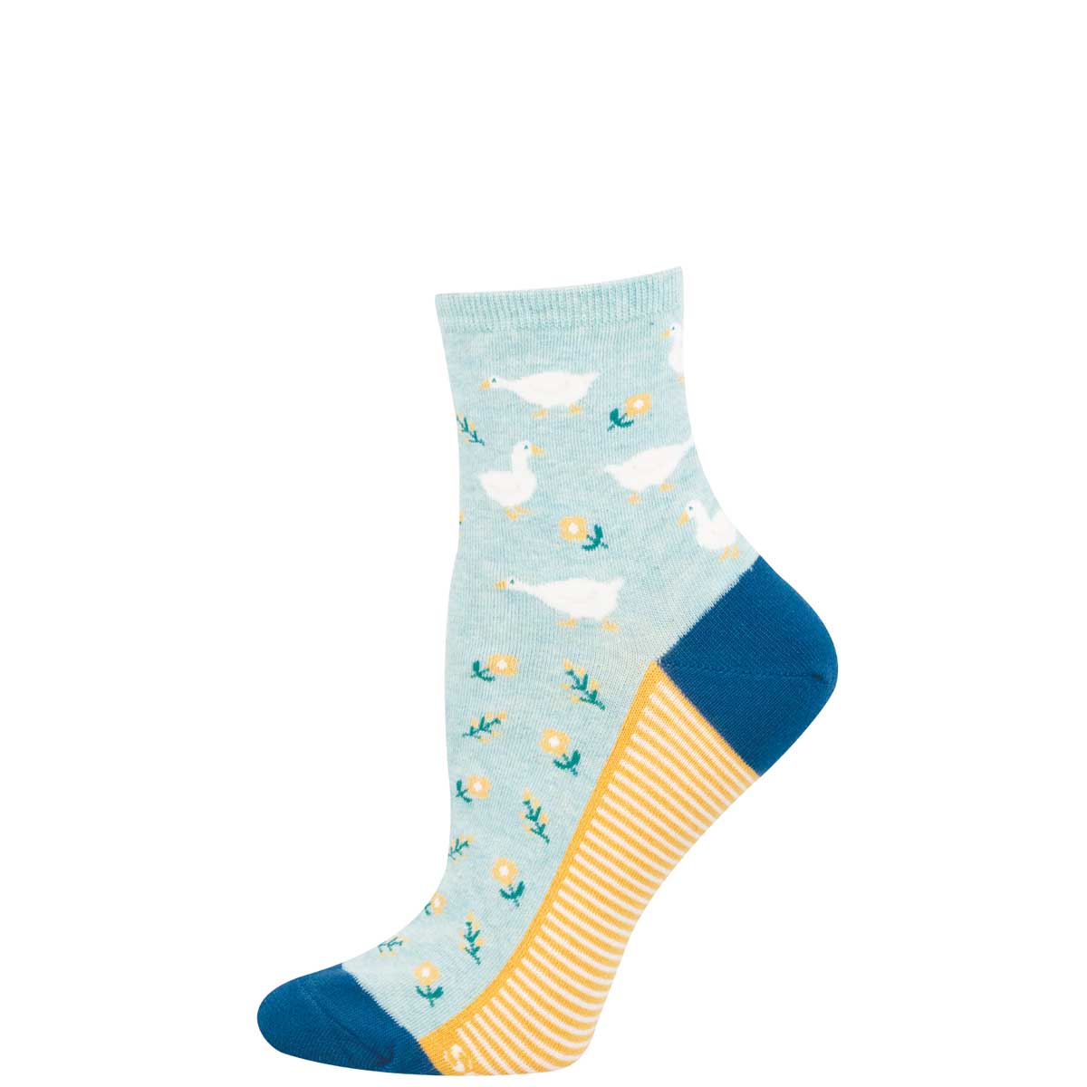 Light blue sock with a duck pattern on a white background