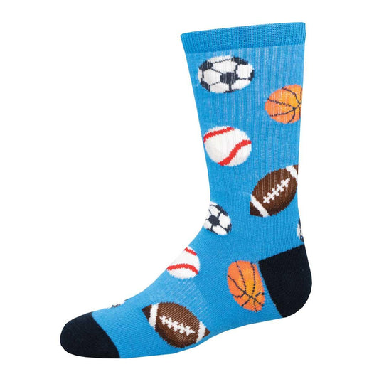 Kids' Active Crew Cotton Socks - Footballs, Basketballs, and Soccer Balls - Blue - Socksmith