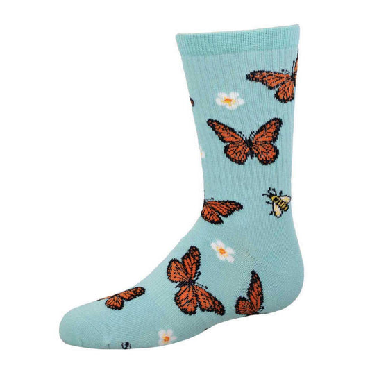 A pair of blue athletic youth socks with a pattern of butterflies and a bee on them, designed for youth.