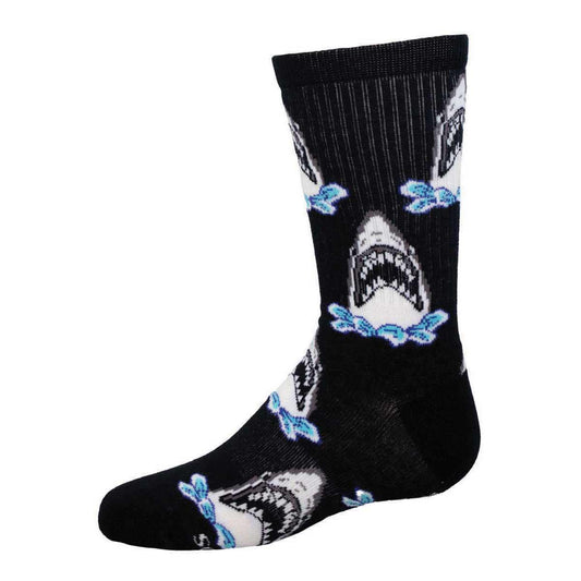 A pair of black youth crew socks with a shark attack design, featuring white and blue sharks.