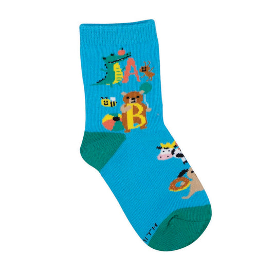 Children's blue cotton crew socks with a colorful animal and letters design.