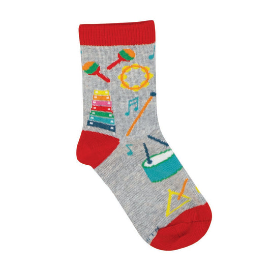 Children's socks with a gray background featuring colorful musical instruments and red accents.