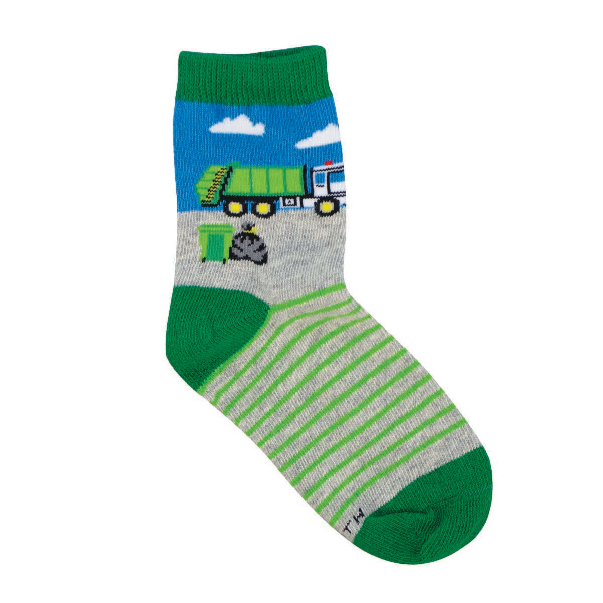 Children's socks with a pattern of a green and blue garbage truck on a gray background with green stripes.
