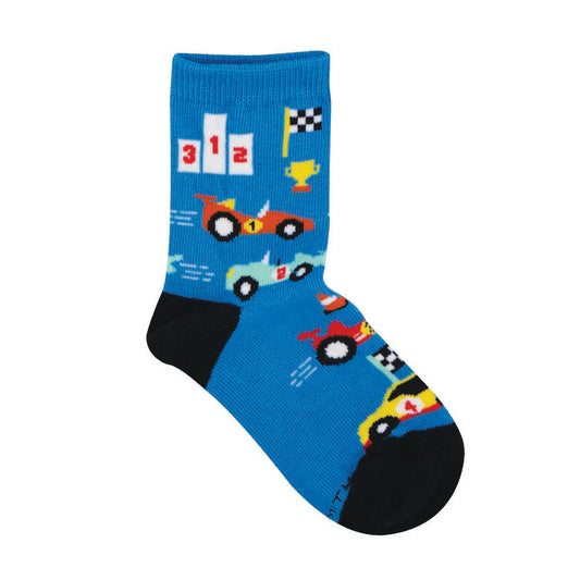 A pair of blue cotton crew socks with a pattern of colorful race cars, a checkered flag, and a gold trophy.