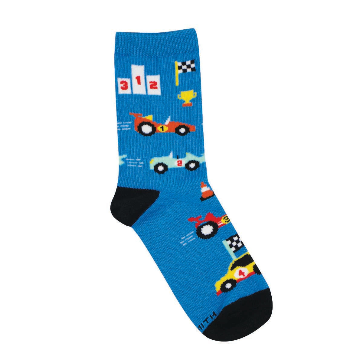 A pair of blue cotton crew socks with a pattern of colorful race cars, a checkered flag, and a gold trophy.