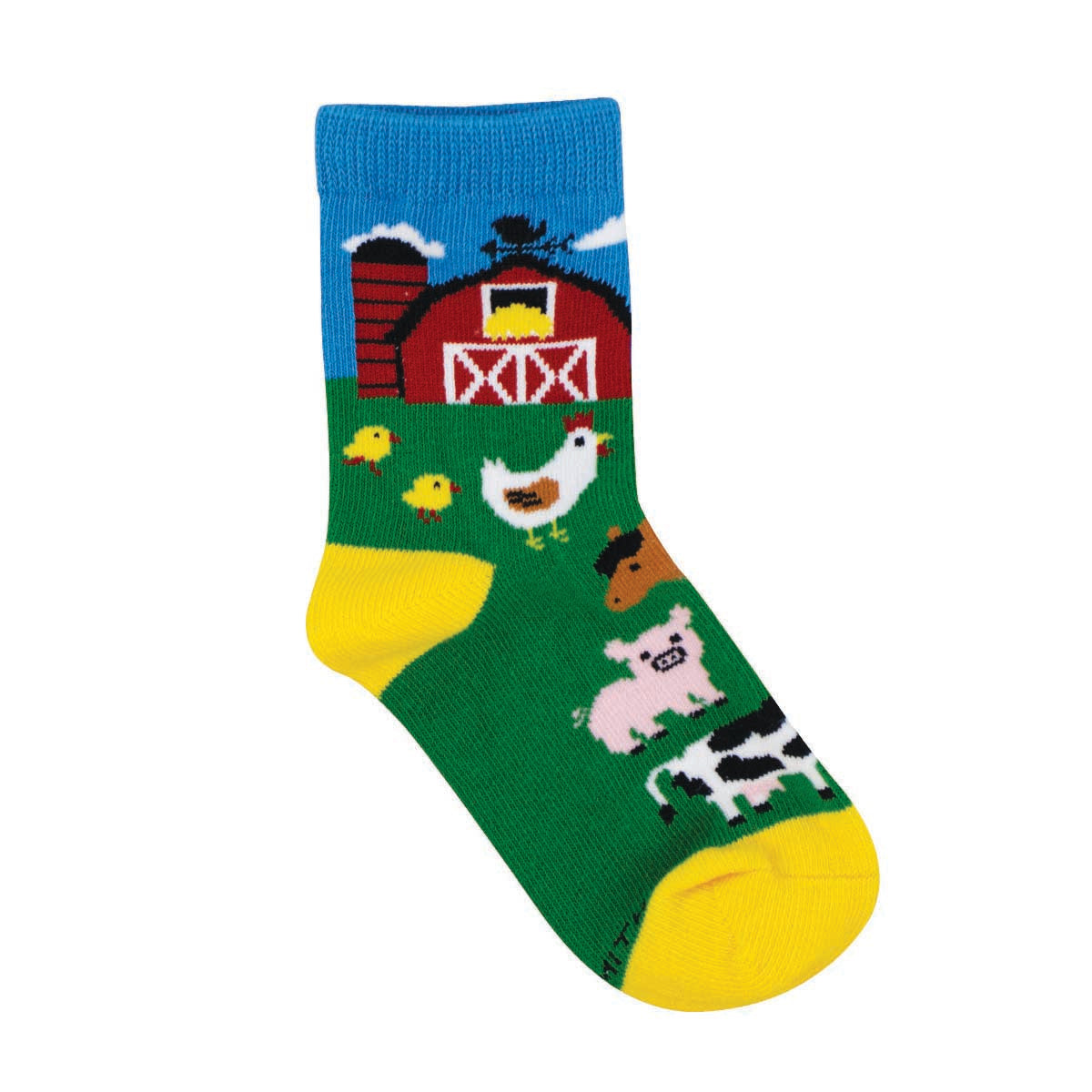 Children's socks with a barnyard scene, featuring cows, pigs, chickens, horses, and a red barn, on a green background with yellow at the heel.