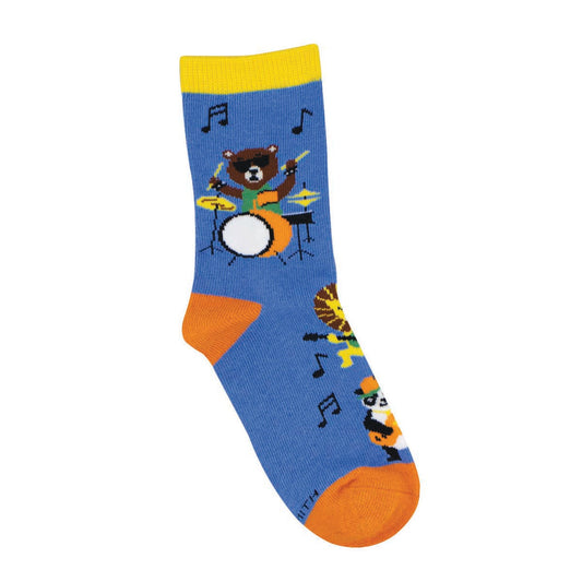 A pair of colorful crew socks with an animal band design, including a bear on drums, a lion on bass, and a panda on the guitar, set against a blue background.