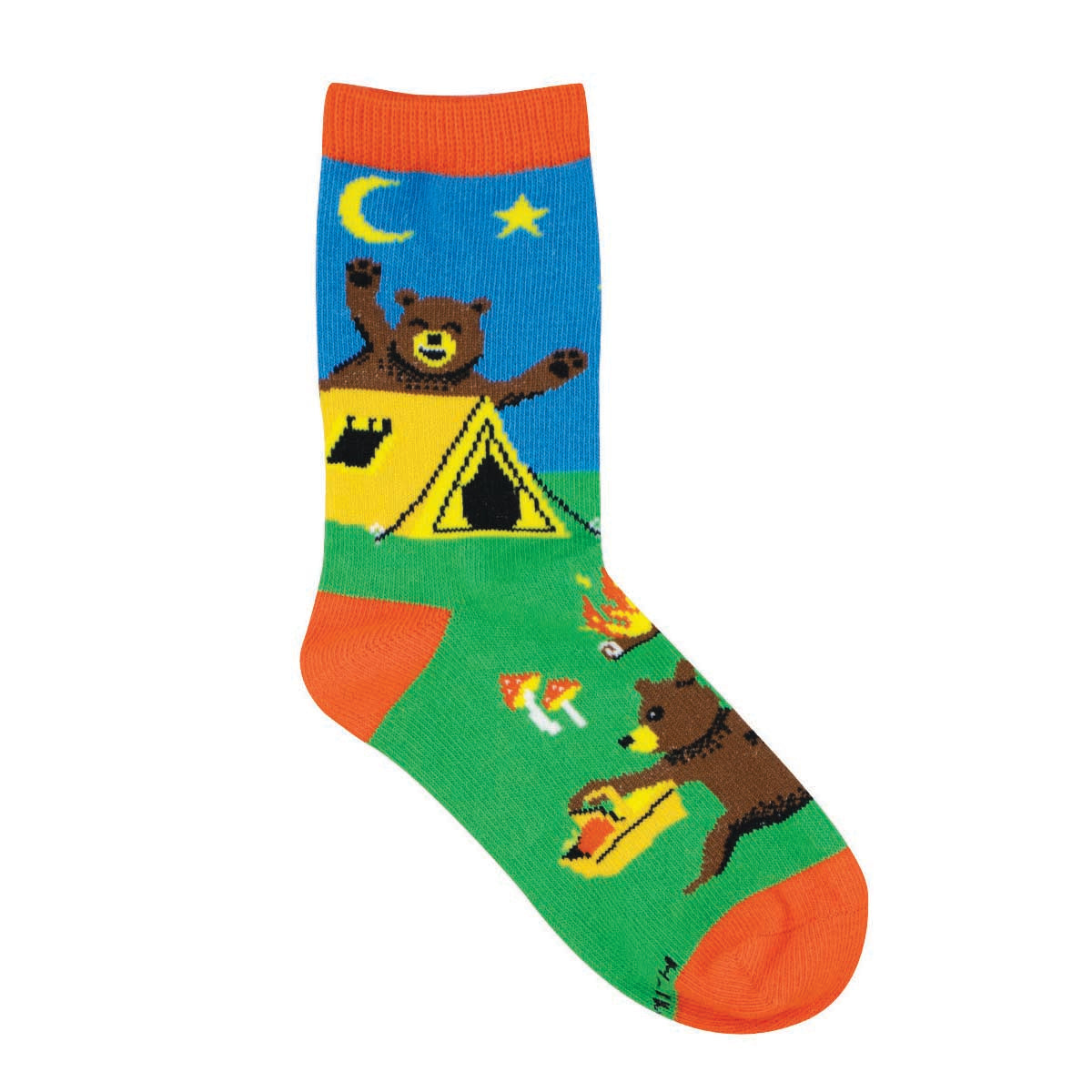 Children's socks with a colorful design featuring bears, a tent, and a campfire.
