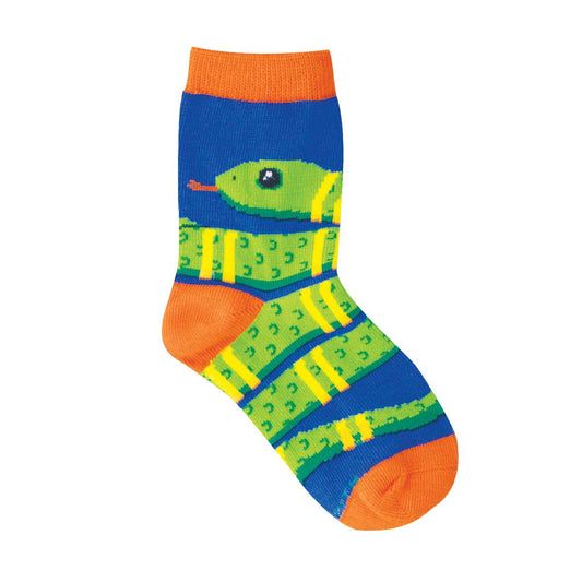 2-4yo Colorful sock with a green snake design on a blue background