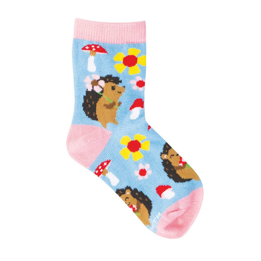 2-4yo Colorful children's socks with hedgehogs and flowers on a light blue background
