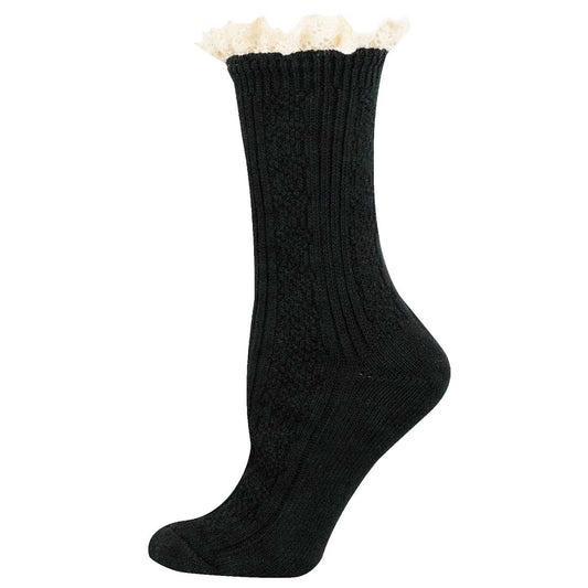 A single black ribbed knit sock with a cream-colored ruffled trim at the top, shown against a plain white background.