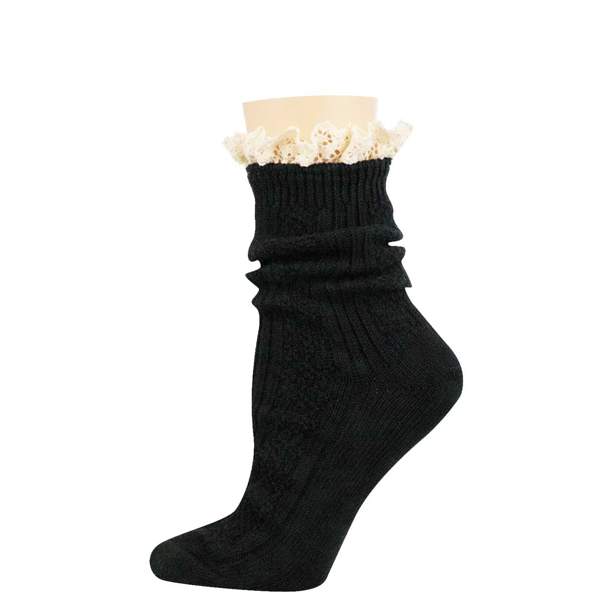 A single black ribbed knit ankle sock with a cream lace ruffle at the top, displayed on a mannequin foot against a plain white background.