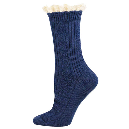 A single navy blue ribbed knit sock with a soft cream-colored fleece or sherpa trim at the top, shown on a plain white background.