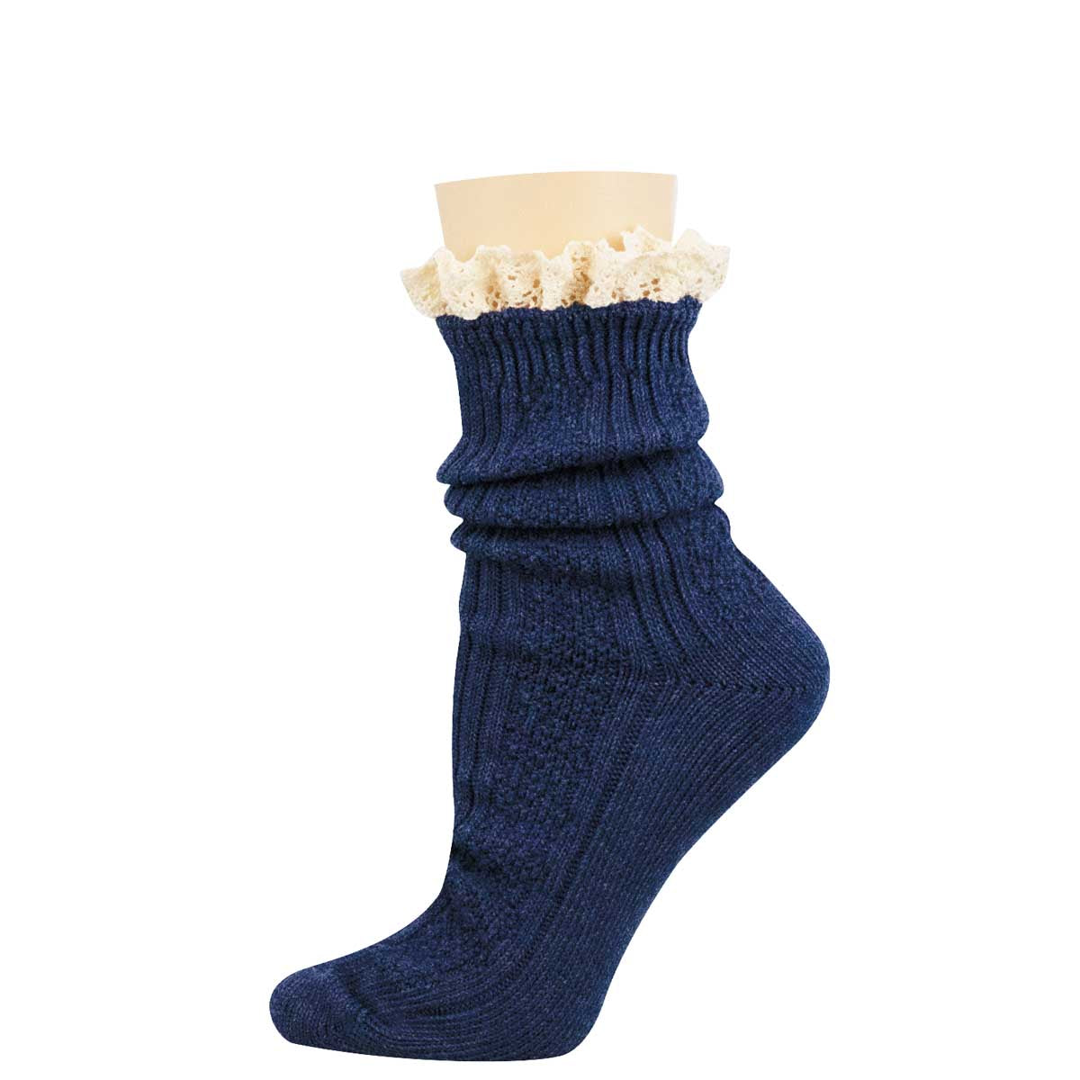 A single navy blue ribbed knit sock with a cream lace ruffle trim at the top, displayed on a beige mannequin leg form against a plain white background.