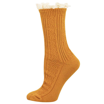 A single mustard yellow ribbed knit sock with a white ruffled trim at the top, shown on a plain white background.