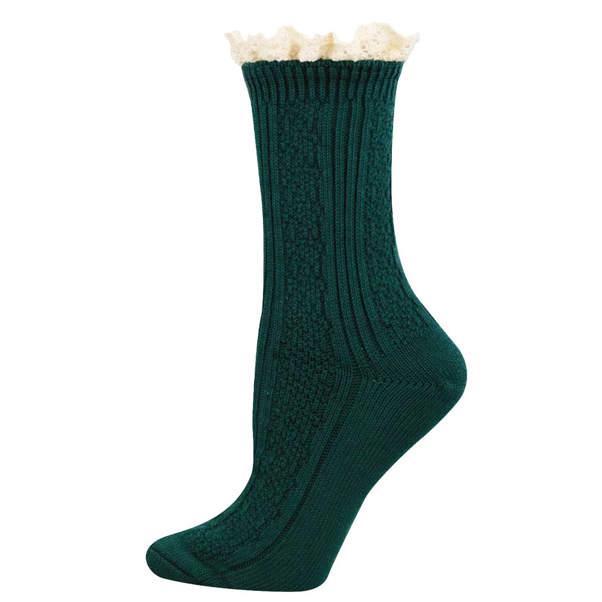 A single dark green ribbed knit sock with a cream-colored ruffled trim at the top, shown against a plain white background.