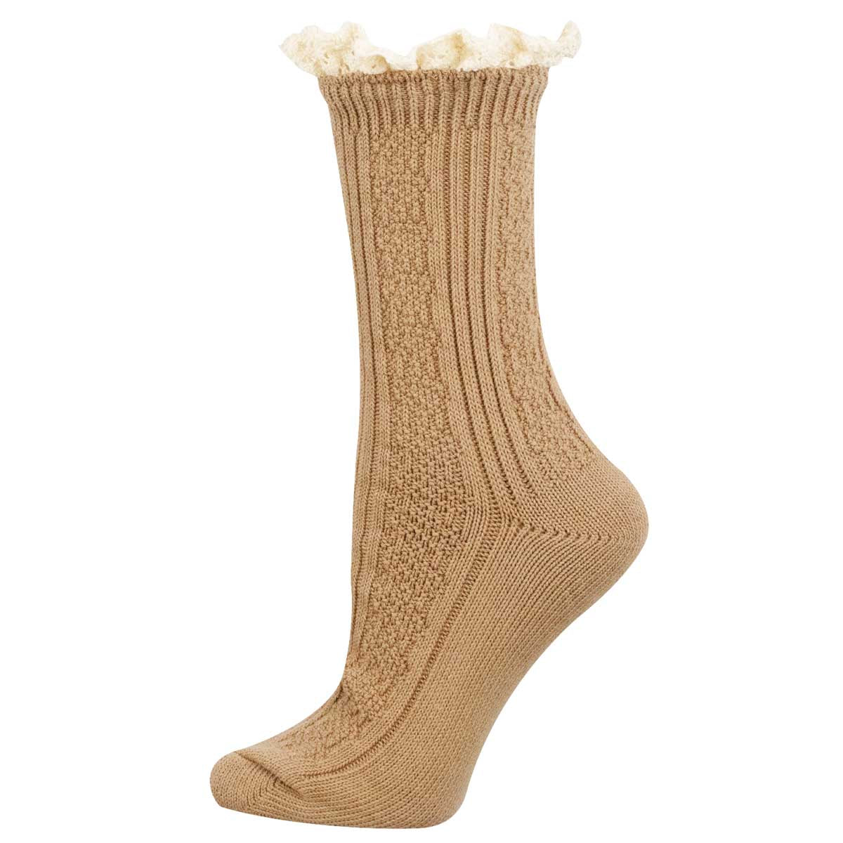 A single beige ribbed knit sock with a white ruffled trim at the top, shown on a plain white background.