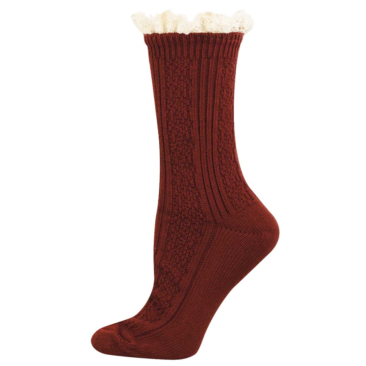 A single ribbed crew sock in a deep rust red color, featuring a textured knit pattern and a white ruffled trim at the top, shown against a plain white background.