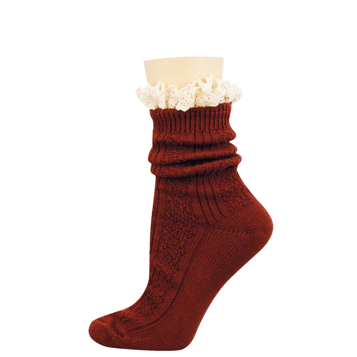 A single dark red ribbed knit sock with a gathered, ruched texture and a decorative cream-colored ruffled trim at the top, displayed on a beige mannequin leg form against a plain white background.