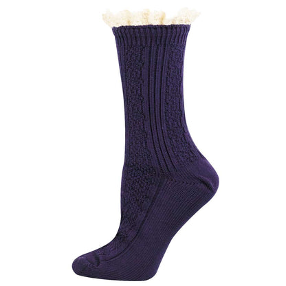 A single dark purple ribbed knit sock with a cream-colored fringed trim at the top, shown against a plain white background.