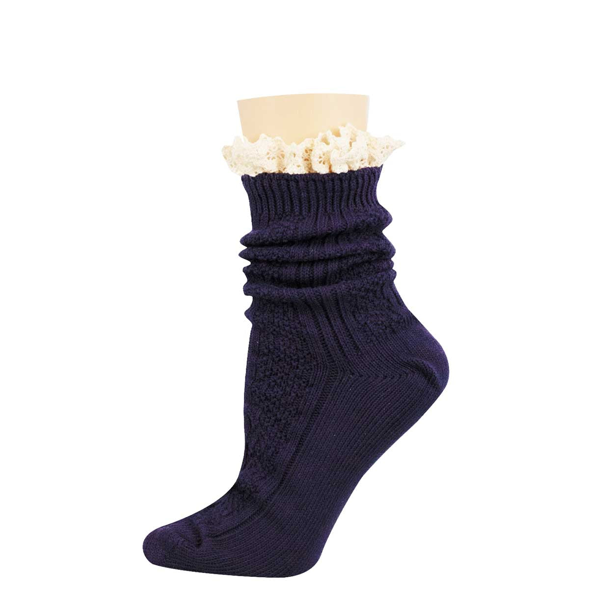 A single dark navy blue ribbed knit sock with a gathered, ruched texture and a decorative cream-colored ruffled trim at the top, displayed on a beige mannequin leg form against a plain white background.