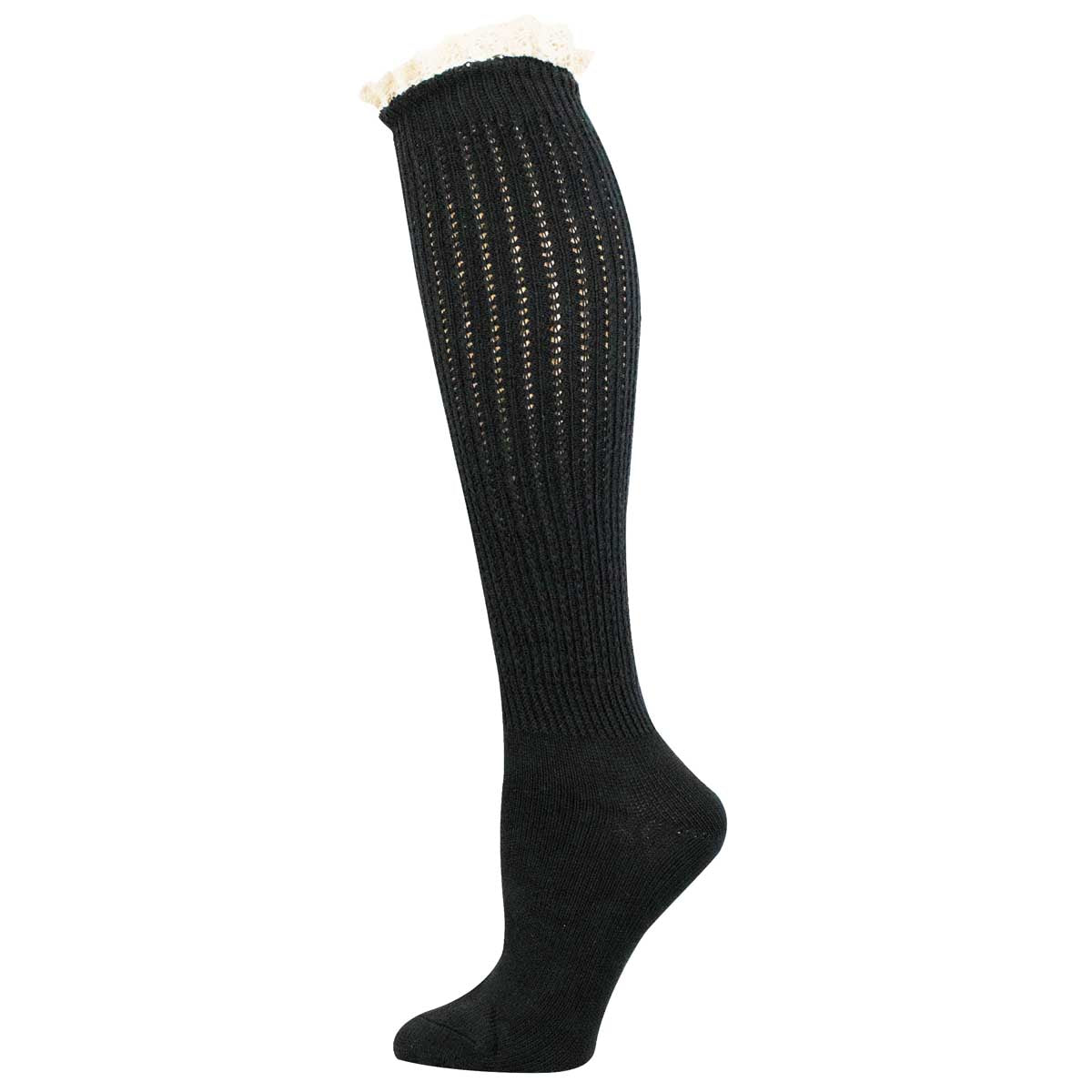 A single black ribbed knit knee-high sock with a white faux-fur trim at the top, shown on a plain white background.