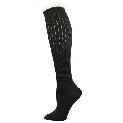 A single black ribbed knit knee-high sock with a white faux-fur trim at the top, shown on a plain white background.