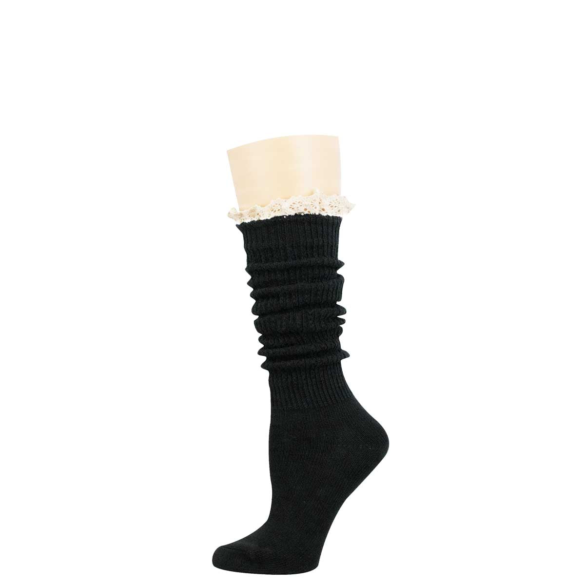 A single black ribbed knee-high sock displayed on a beige mannequin leg form against a plain white background.